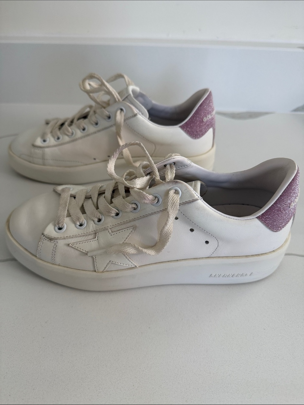 Golden Goose White Leather Sneakers with Pink Glitter Heel